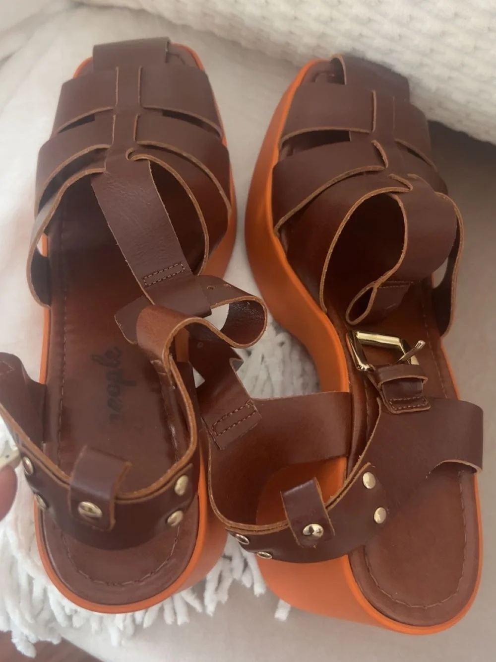 Free People Brown Leather Strappy Platform Sandals with Orange Sole